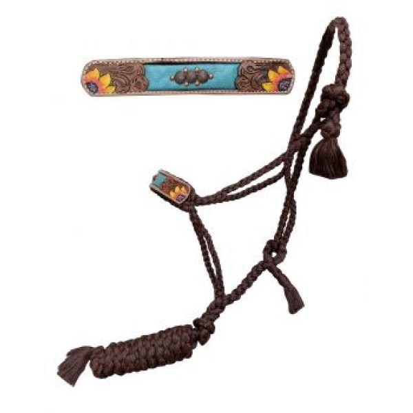 Showman® Woven Brown Nylon Muletape Halter & Handpainted Sunflower Accent & Teal Inlay & Copper Beads