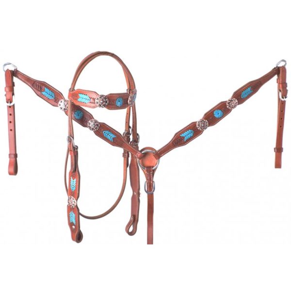 Showman™ Headstall & Breastcollar Set & Turquoise Rawhide Accents