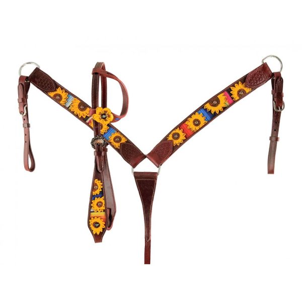 Showman® One Ear Medium Oil Headstall & Breastcollar Set & Painted Sunflowers & Serape Inlay