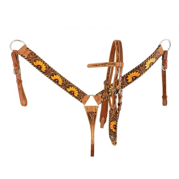 Showman Browband Headstall & Breastcollar Set w/ Floral Tooling & Hand Painted Sunflowers