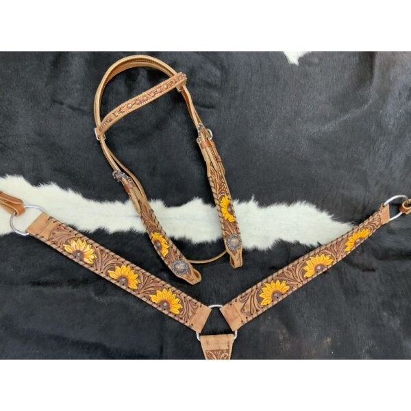 Showman Browband Headstall & Breastcollar Set w/ Floral Tooling & Hand Painted Sunflowers - Image 2