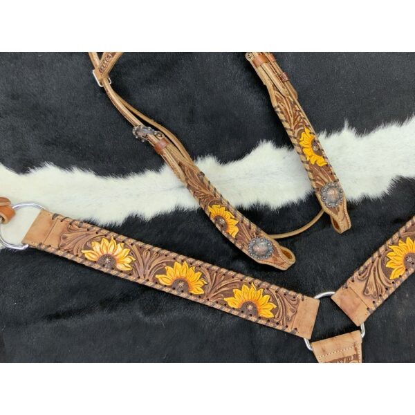 Showman Browband Headstall & Breastcollar Set w/ Floral Tooling & Hand Painted Sunflowers - Image 3