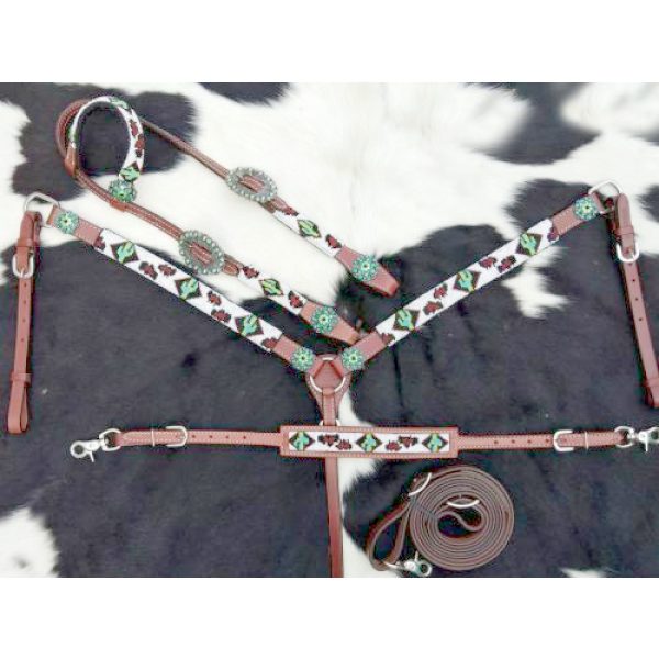 Showman HEADSTALL & BREASTCOLLAR SET Cheetah, CACTUS Beaded Inlay Design - Image 3