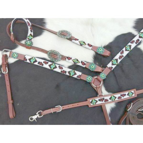 Showman HEADSTALL & BREASTCOLLAR SET Cheetah, CACTUS Beaded Inlay Design - Image 4