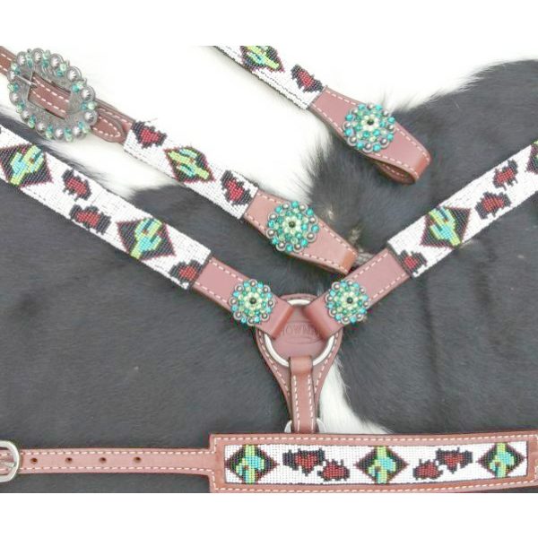 Showman HEADSTALL & BREASTCOLLAR SET Cheetah, CACTUS Beaded Inlay Design - Image 5