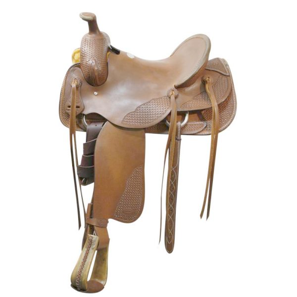 Showman ROPING SADDLE Basket Weave Tooled 16" Hardseat WARRANTIED for Roping