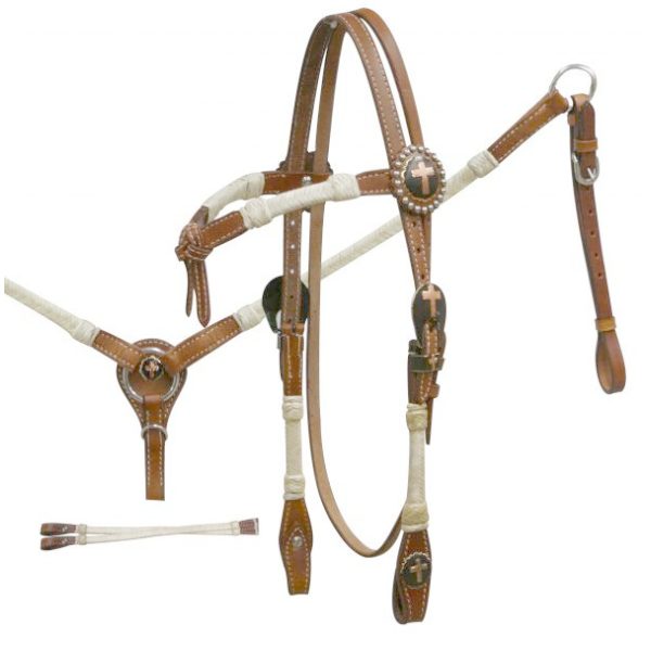 Showman FUTURITY KNOT Rawhide CROSS Concho Bridle Breast Collar & Reins SET