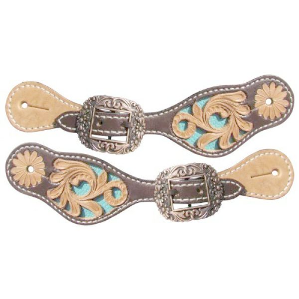 Showman TURQUOISE Inlay YOUTH Floral Tooled Leather Adjustable SPUR STRAPS