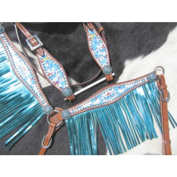 Showman RAINBOW UNICORN Bridle FRINGE Breast Collar Reins PONY Size SET - Image 3