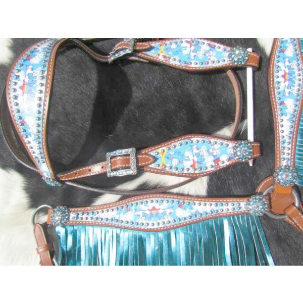 Showman RAINBOW UNICORN Bridle FRINGE Breast Collar Reins PONY Size SET - Image 4